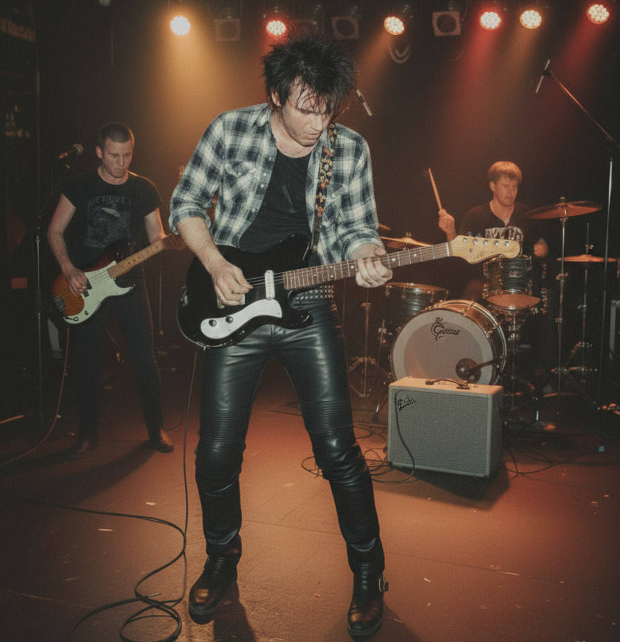 Che Guitare als Gitarrist einer Punkband in einem Jugendclub. Sein Supreme-Röhrenverstärker steht vor der Bassdrum.