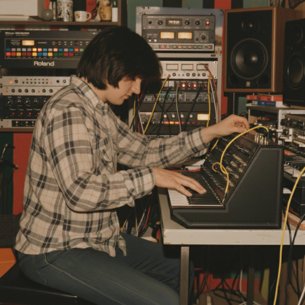 Fahco Labuel experimentiert mit Klängen eines Korg MS-20 Synthesizers. Im Hintergrund sind Racks mit Effektgeräten zu sehen.